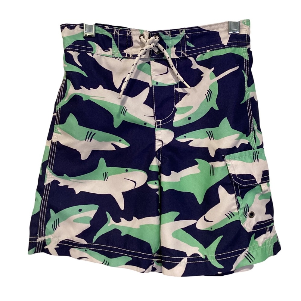 Carters Boys Shark Print Swim Trunks Navy Blue Mint Green Size 6 Mesh Lined